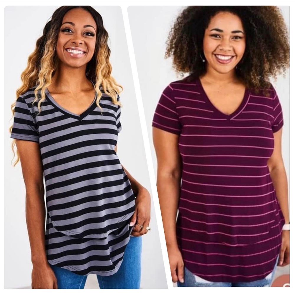 2 Latched Mama striped boyfriend nursing tees